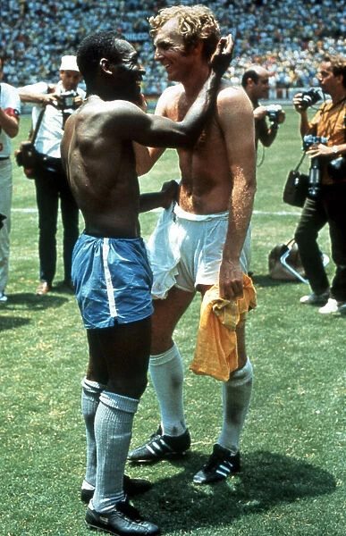 Pele of Brazil and Bobby Moore of England exchange shirts after the World Cup Group C