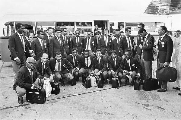 Pele and the Brazil football team arrive at London Airport for the 1966 World Cup
