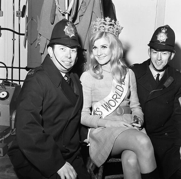 Penelope Plummer, newly crowned winner of Miss World 1968, pictured on her first day