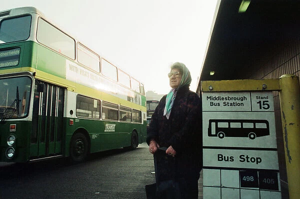 Pensioner, Mary Foster, waits for a bus, Middlesbrough Bus Station, 19th February 1994