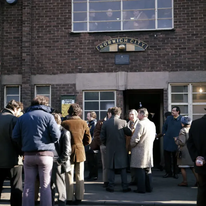 Framed Print : People gathered outside the entrance to Norwich City football club at Carrow Road