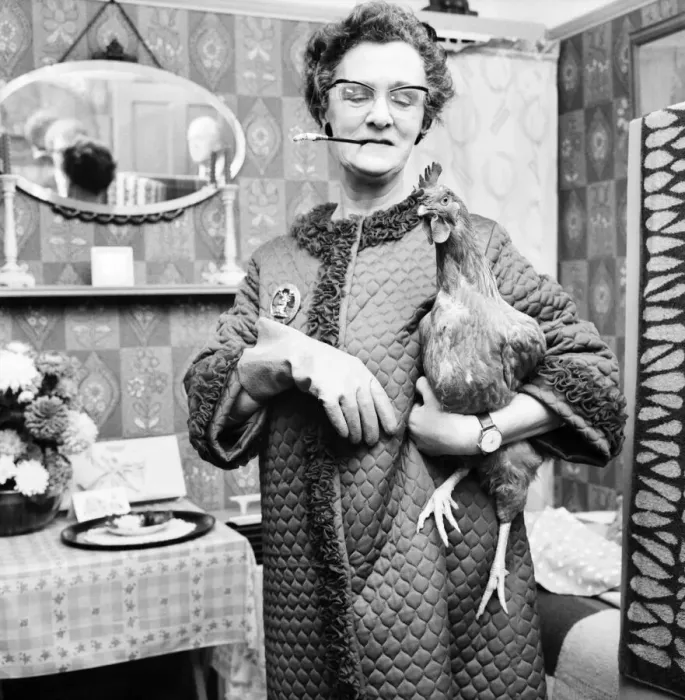 Framed Print : People: Humour: Women: Woman at home holding a chicken in one hand