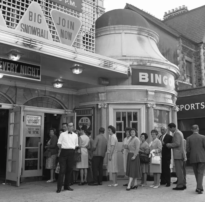 Framed Print : People queue outside the Gaiety Theatre, to play bingo. 31st July 1963 Framed Print : People queue outside the Gaiety Theatre, to play bingo. 31st July 1963
