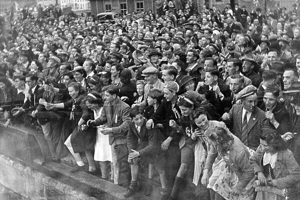 People welcome a liberation ship in Guernsey. May 1945
