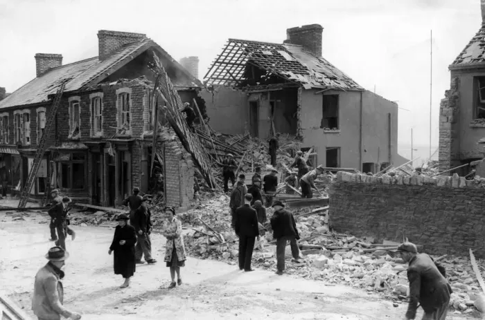 Framed Print : One person was killed when a bomb dropped by a lone raider over a Welsh town on Tuesday