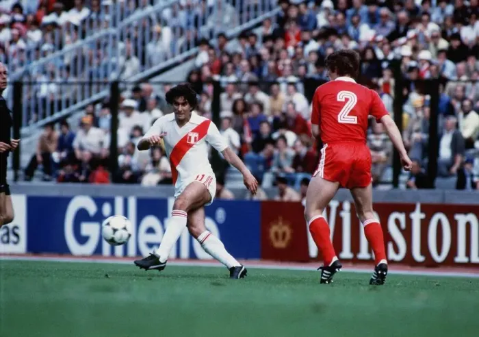 Framed Print : Peru 1 Poland 5 in 1982 World Cup Juan Oblitas of Peru plays the ball away