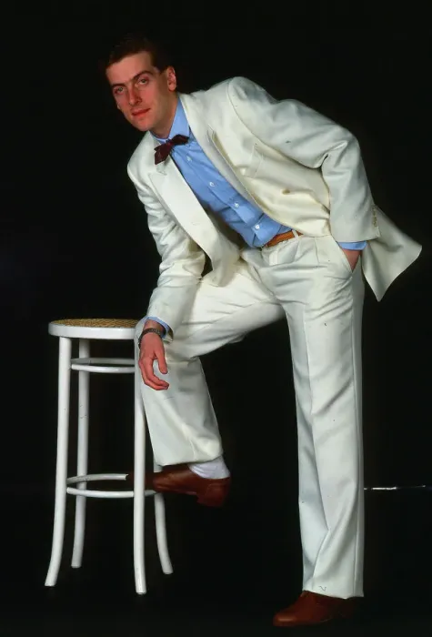 Framed Print : Peter Capaldi modelling white suit May 1983