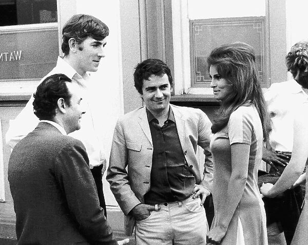 Peter Cook, Dudley Moore and Raquel Welch on location for film 'Bedazzeled'