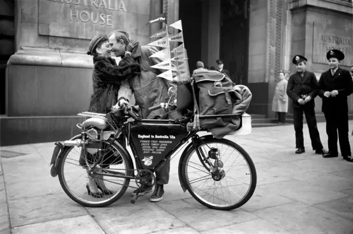 Framed Print : Peter Le-Warner, (33) travelling to Australia & Back on motorised Butchers Bicycle