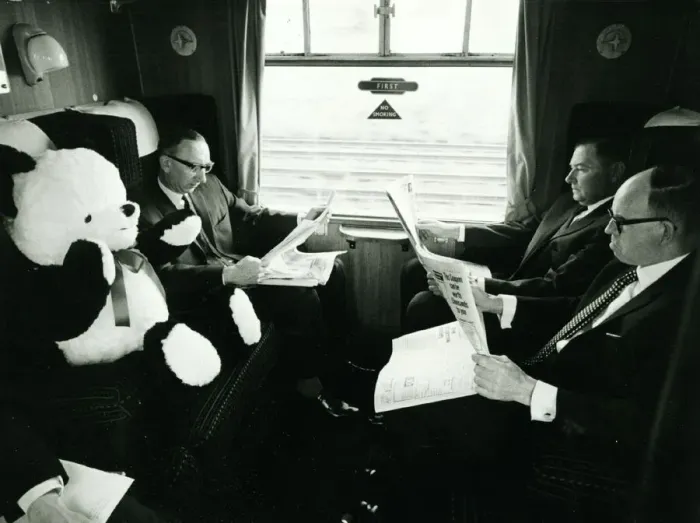 Framed Print : Peter the Panda travels First class on the train to Sheffield to meet Dick Emery