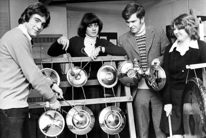 Framed Print : Peter Swan, second right, with member of Gosforth High Schools scrap iron orchestra Framed Print : Peter Swan, second right, with member of Gosforth High Schools scrap iron orchestra
