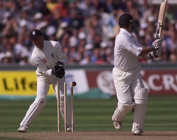 Phil Tufnell bowls McMillan in the England v New Zealand cricket match