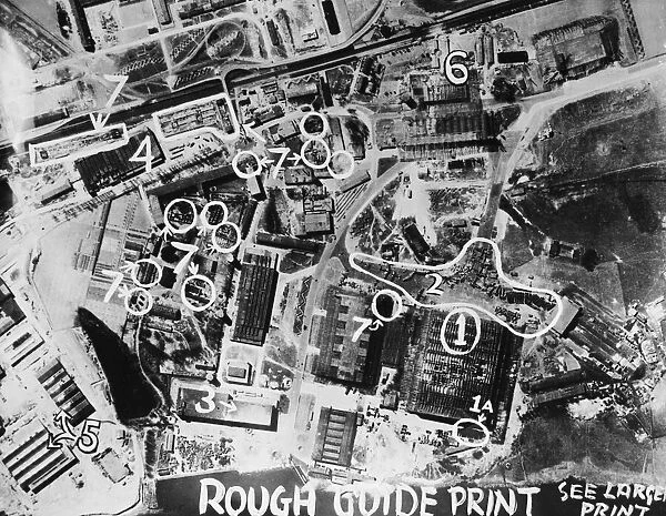 Photo-reconnaissance image taken by No1 PRU of the damaged Heinkel aircraft factory at