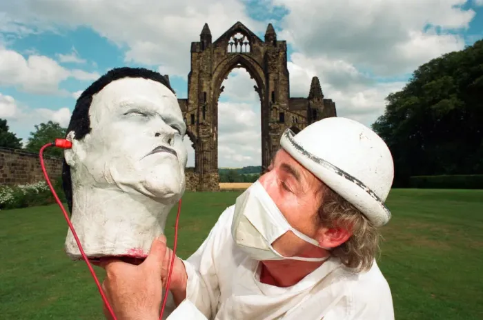 Framed Print : Photocall for Frankenstein at Gisborough Priory, performer Miklos Menis as Dr
