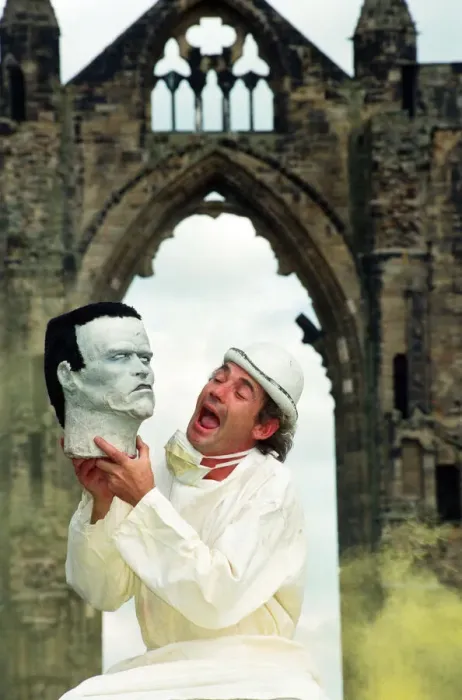 Framed Print : Photocall for Frankenstein at Gisborough Priory, performer Miklos Menis as Dr Framed Print : Photocall for Frankenstein at Gisborough Priory, performer Miklos Menis as Dr