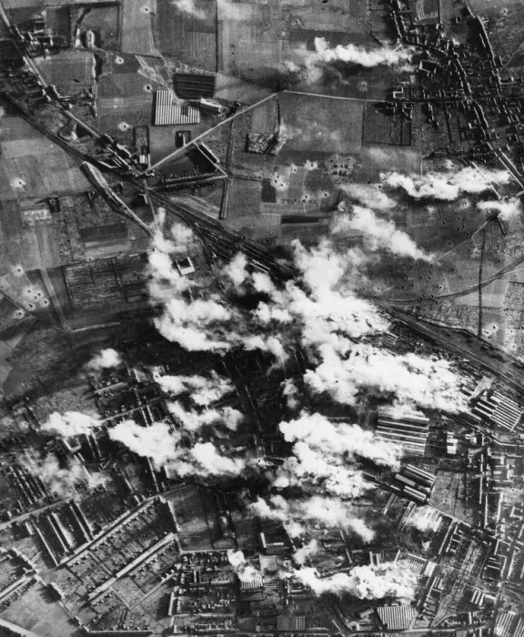 Framed Print : Photograph taken during a daylight attack on the steel and engineering works of the Cie