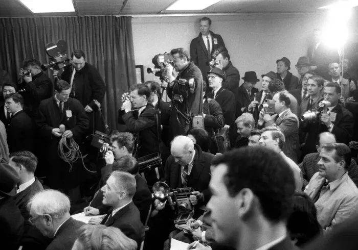 Framed Print : Photographers and press men gathered for the Beatles press conference in New York after Framed Print : Photographers and press men gathered for the Beatles press conference in New York after