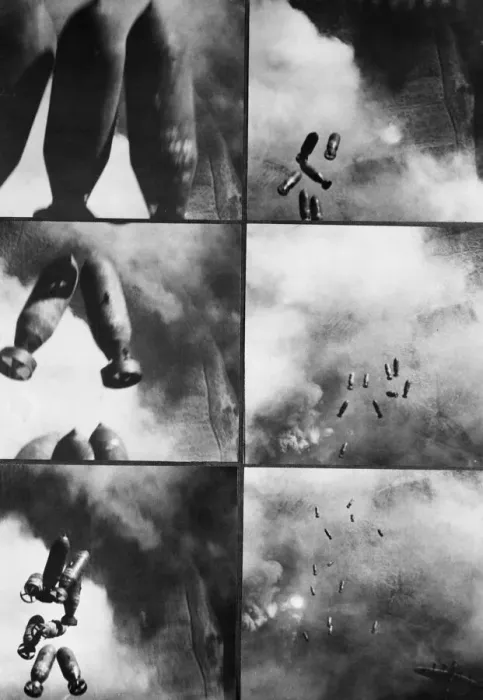 Framed Print : Photos taken by the RAF Film Unit show, top left, a close-up as bombs are dropped from a Framed Print : Photos taken by the RAF Film Unit show, top left, a close-up as bombs are dropped from a
