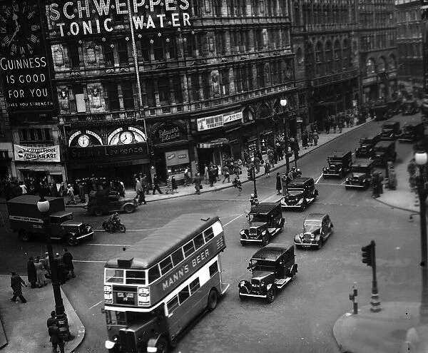 Piccadilly Circus London at the end of World War 2, the day before VE Day