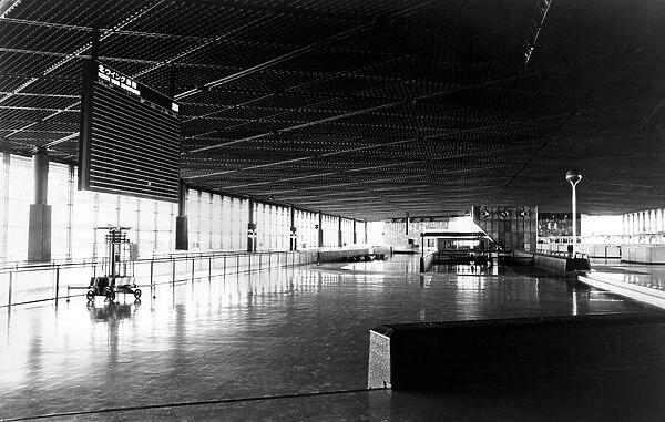 The picture shows the deserted passenger terminal at Narita Airport, Tokyo, Japan