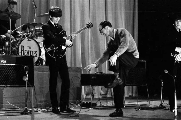 Framed Print : Picture shows George Harrison. The Beatles rehearse at The Prince of Wales Theatre Framed Print : Picture shows George Harrison. The Beatles rehearse at The Prince of Wales Theatre