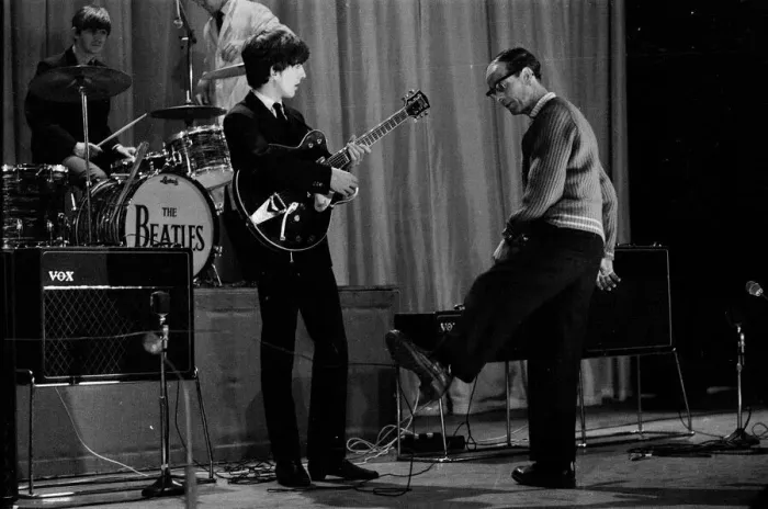 Framed Print : Picture shows George Harrison. The Beatles rehearse at The Prince of Wales Theatre Framed Print : Picture shows George Harrison. The Beatles rehearse at The Prince of Wales Theatre