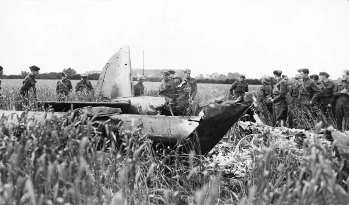 Framed Print : Picture shows a German Luftwaffe, aircraft, in a cornfield after being brought down