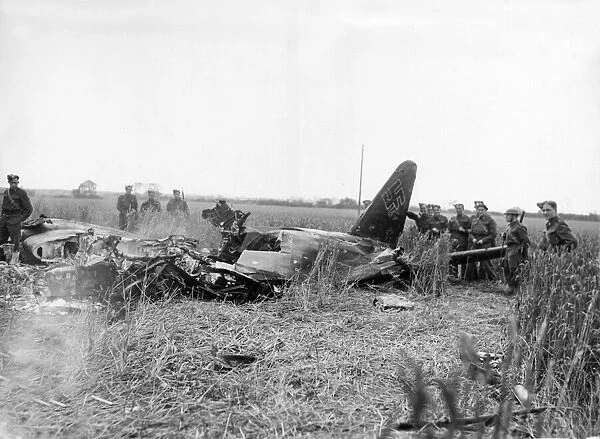 Picture shows a German Luftwaffe, aircraft, in a cornfield after being brought down