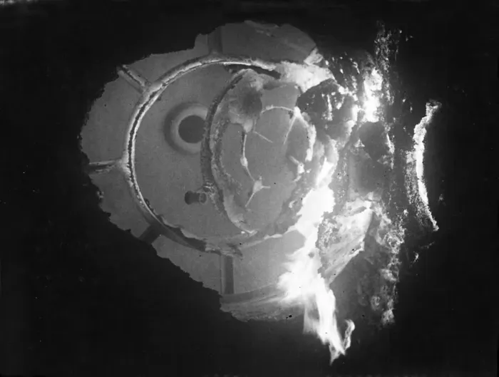 Framed Print : Picture shows a German mine, beyond burnt up and destroyed at Orford Ness on The Suffolk Framed Print : Picture shows a German mine, beyond burnt up and destroyed at Orford Ness on The Suffolk