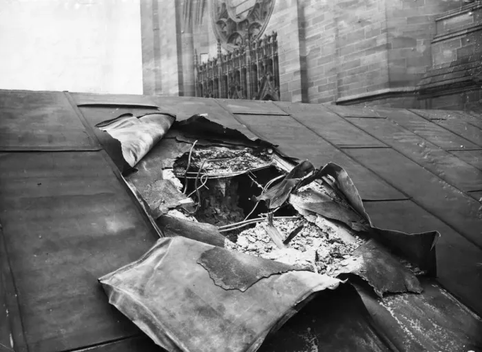 Framed Print : Picture shows a hole in the roof of the Derby Memorial Transept (memorial space Framed Print : Picture shows a hole in the roof of the Derby Memorial Transept (memorial space