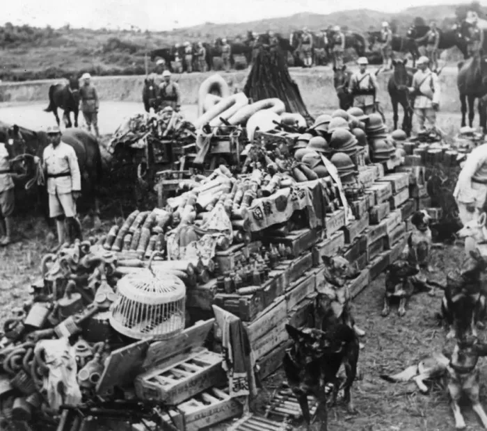 Framed Print : Picture shows Japanese war material collected. Picture issued after China Framed Print : Picture shows Japanese war material collected. Picture issued after China