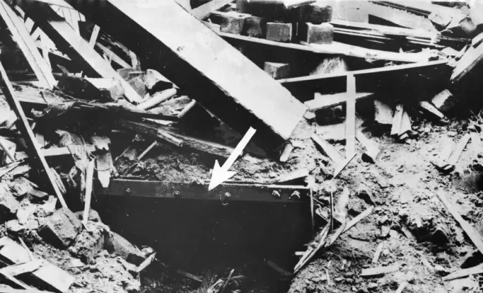 Framed Print : Picture shows a Morrison Shelter, after an air raid over Merseyside