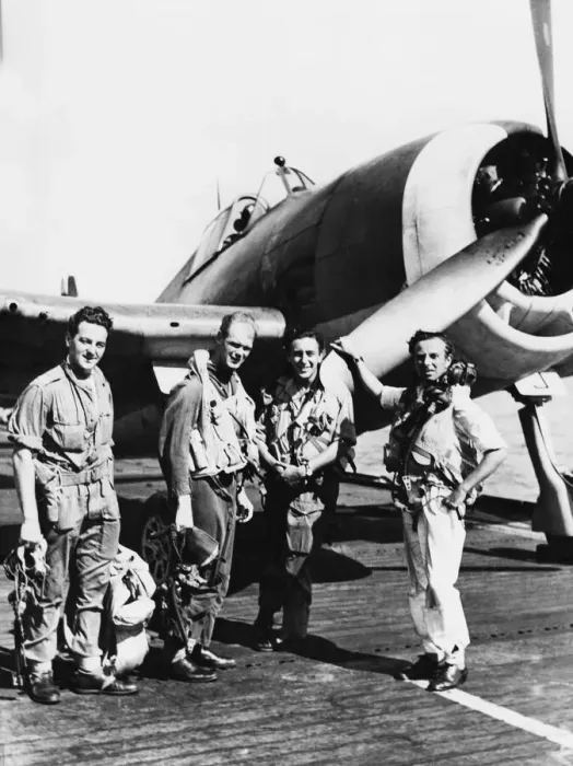 Framed Print : (Picture shows) The four pilots of a section of a Hellcat fighter squadron serving with Framed Print : (Picture shows) The four pilots of a section of a Hellcat fighter squadron serving with