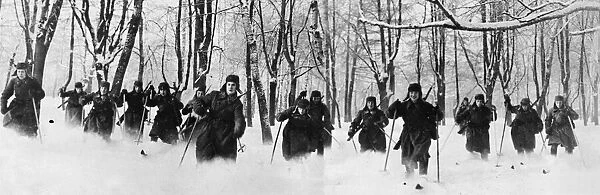 Picture shows: Soldiers of the Soviet Red Army advancing on skis in readiness to turn