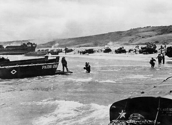 This picture shows tanks landing on the beachhead in France