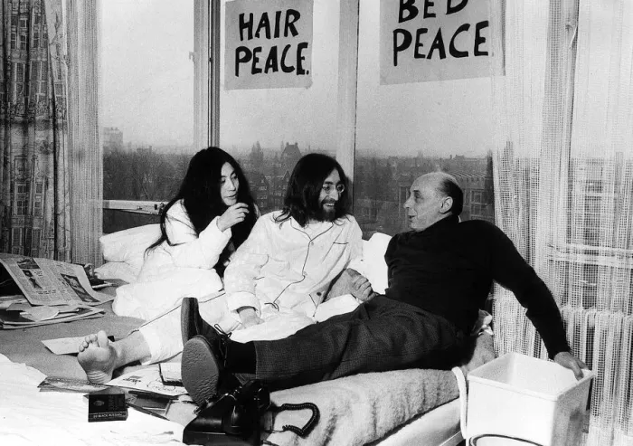 Framed Print : Pictured on their honeymoon'bed newly weds John Lennon Framed Print : Pictured on their honeymoon'bed newly weds John Lennon