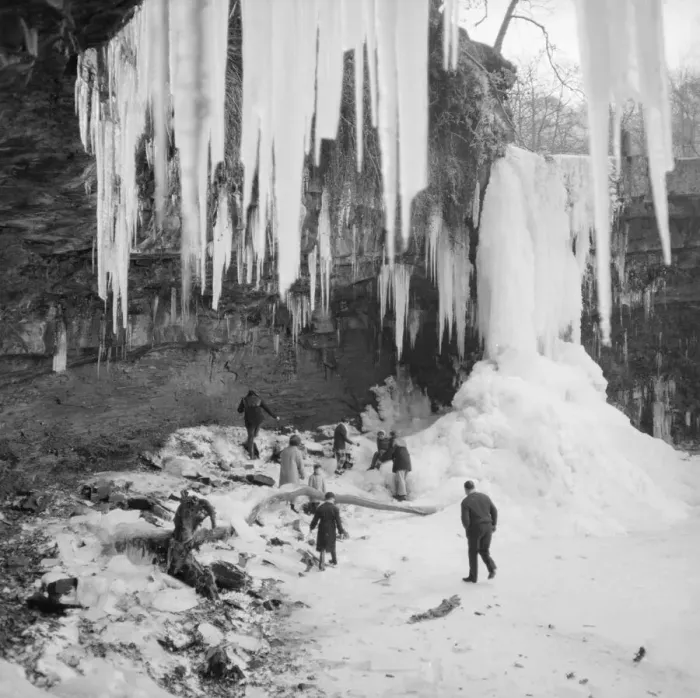 Framed Print : Pictures of the Lady Falls, Afon Pyrddin, Wales, frozen solid. 13th January 1963 Framed Print : Pictures of the Lady Falls, Afon Pyrddin, Wales, frozen solid. 13th January 1963