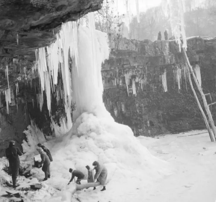 Framed Print : Pictures of the Lady Falls, Afon Pyrddin, Wales, frozen solid. 13th January 1963 Framed Print : Pictures of the Lady Falls, Afon Pyrddin, Wales, frozen solid. 13th January 1963