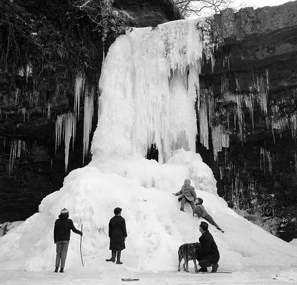 Pictures of the Lady Falls, Afon Pyrddin, Wales, frozen solid. 13th January 1963