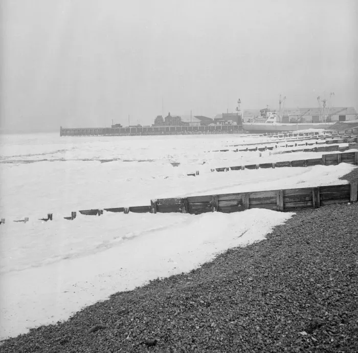 Framed Print : Pictures of the sea at Whitstable, Kent, frozen solid in places. 14th January 1963 Framed Print : Pictures of the sea at Whitstable, Kent, frozen solid in places. 14th January 1963