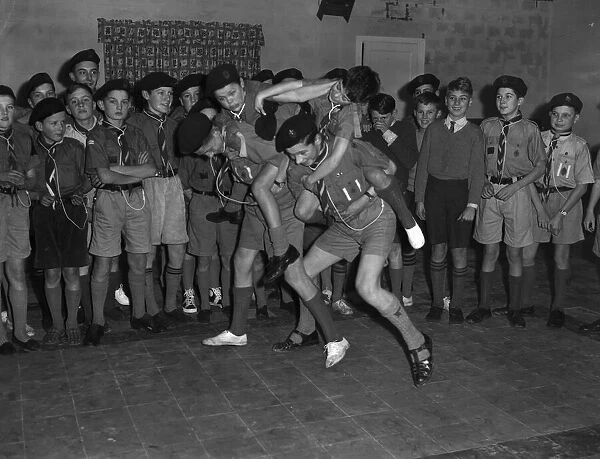 Piggy back race at a Scouts party at Stadefield Road, Cambridge. January 1960