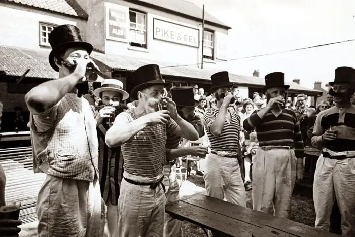 Framed Print : The Pike and Eel Public House - June 1947 Men in costumes wearing top hats Framed Print : The Pike and Eel Public House - June 1947 Men in costumes wearing top hats
