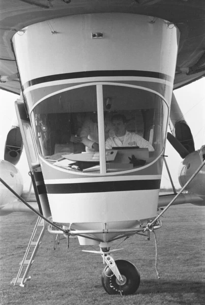 The pilot at the controls of Goodyear airship Europa seen here moored outside the giant