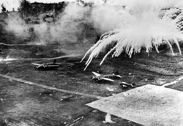US planes drop phosphorous bombs over the Lakunai airfield in Rabaul, Papua New Guinea