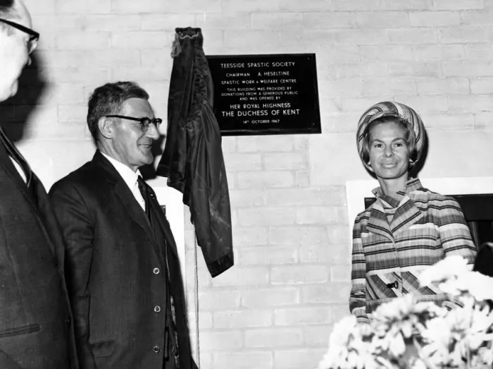 Framed Print : A plaque marking the big day for the spastics centre is unveiled by Katharine