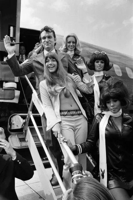Framed Print : Playboy Editor and Publisher Hugh Hefner arrives at Heathrow Airport in his private Framed Print : Playboy Editor and Publisher Hugh Hefner arrives at Heathrow Airport in his private