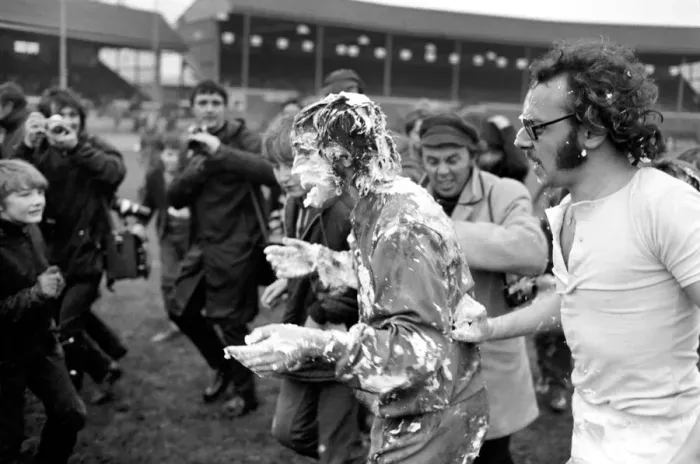 Framed Print : Players covered in soapy water during Charity football match. November 1969 Z11133-002 Framed Print : Players covered in soapy water during Charity football match. November 1969 Z11133-002