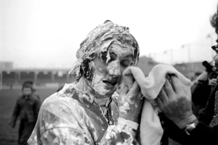 Framed Print : Players covered in soapy water during Charity football match. November 1969 Z11133-001