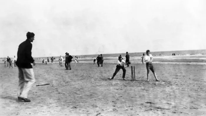 Framed Print : Playing cricket on the beach at Hayling Island, Hampshire. August 1929