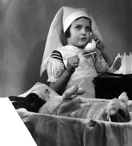 Playing Doctors & Nurses, a young girl looks after her sick patient, a Blue Dutch rabbit